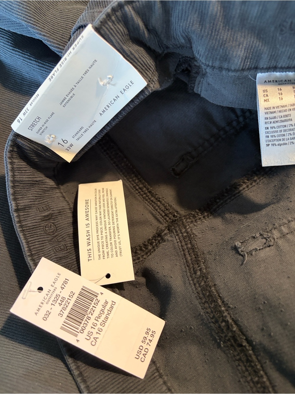 NEW American Eagle Super Hi Rise Flare Exposed Button Fly Gray Corduroy Jeans - Picture 5 of 5